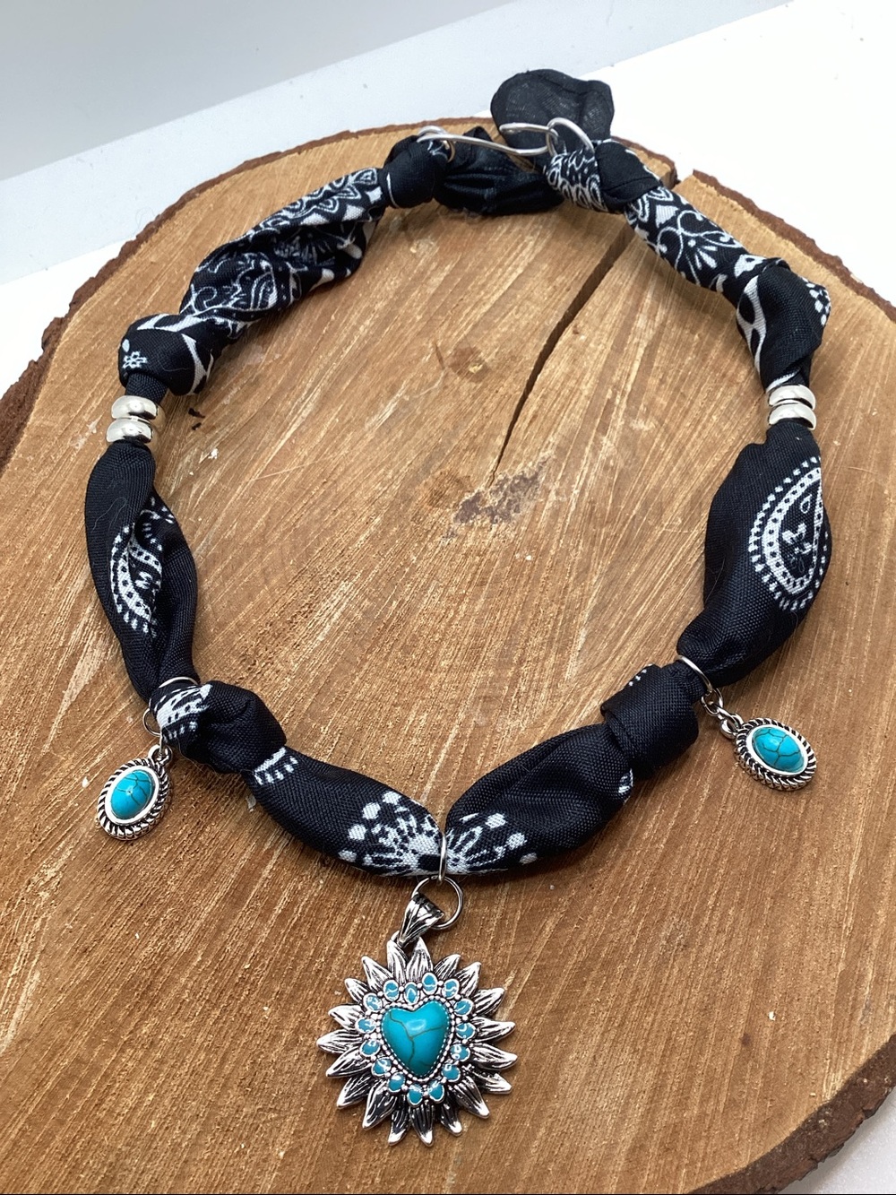 Women’s Black Bandana Necklace with Turquoise Heart Pendant